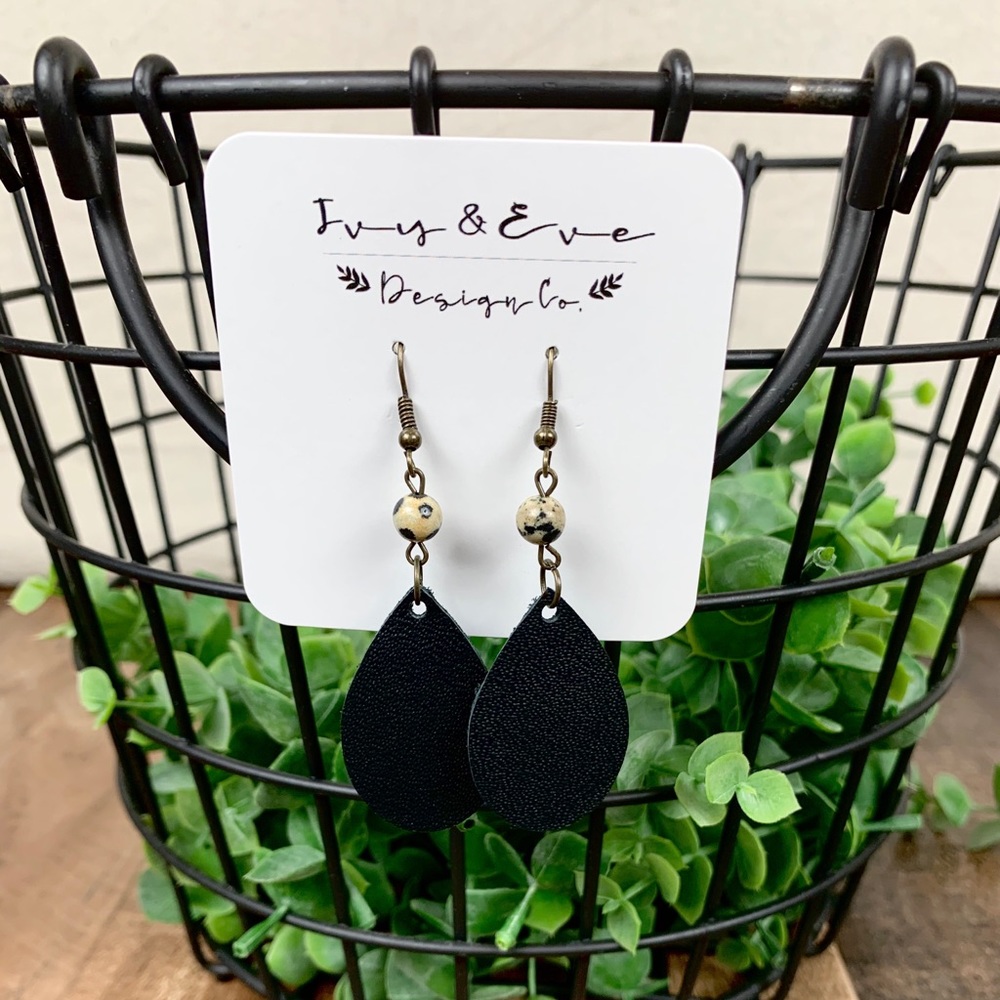 Genuine Leather Black Matte and Jasper Earrings